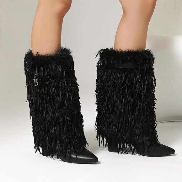 ⚡Women's Black Fold Over Faux Fur Mid Calf Boots Chunky Heel Point Toe - Picture 6 of 7
